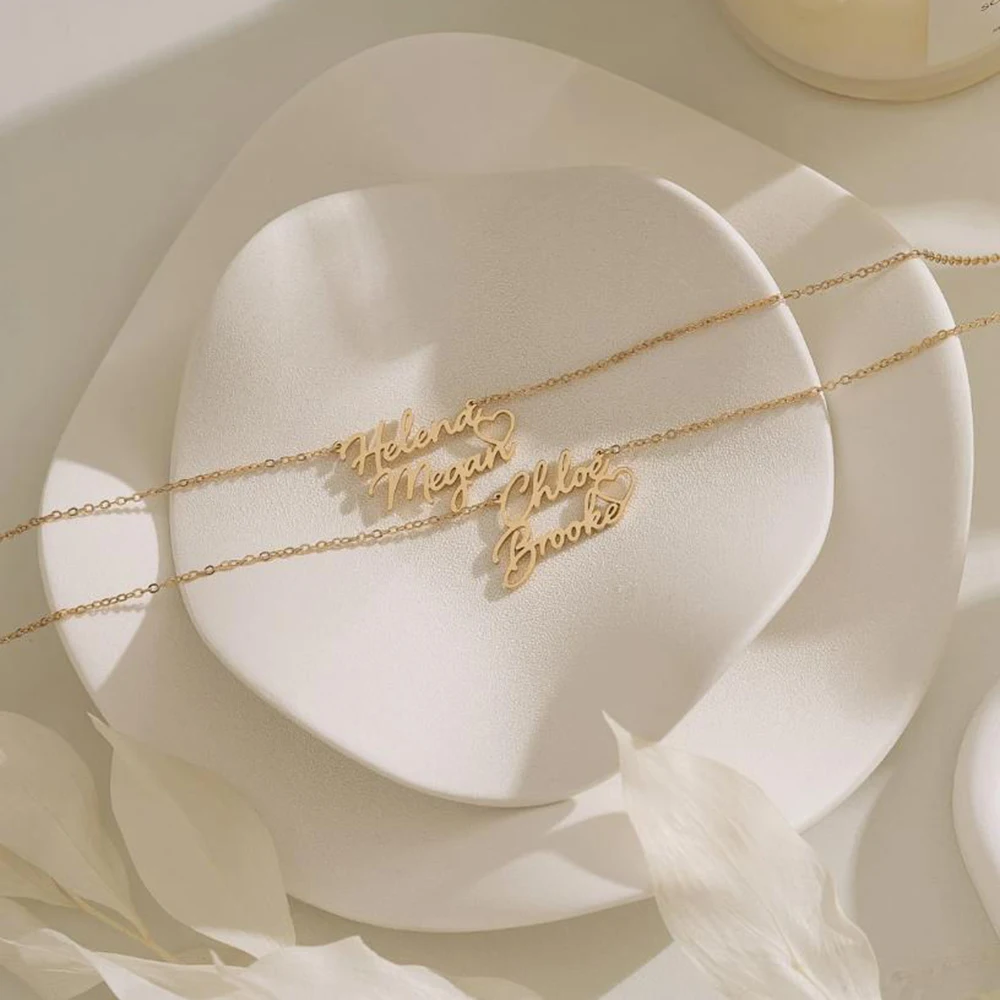 Kalung nama ganda yang dipersonalisasi dengan bentuk hati, Kalung nama yang disesuaikan, Kalung pasangan, Kalung ibu
