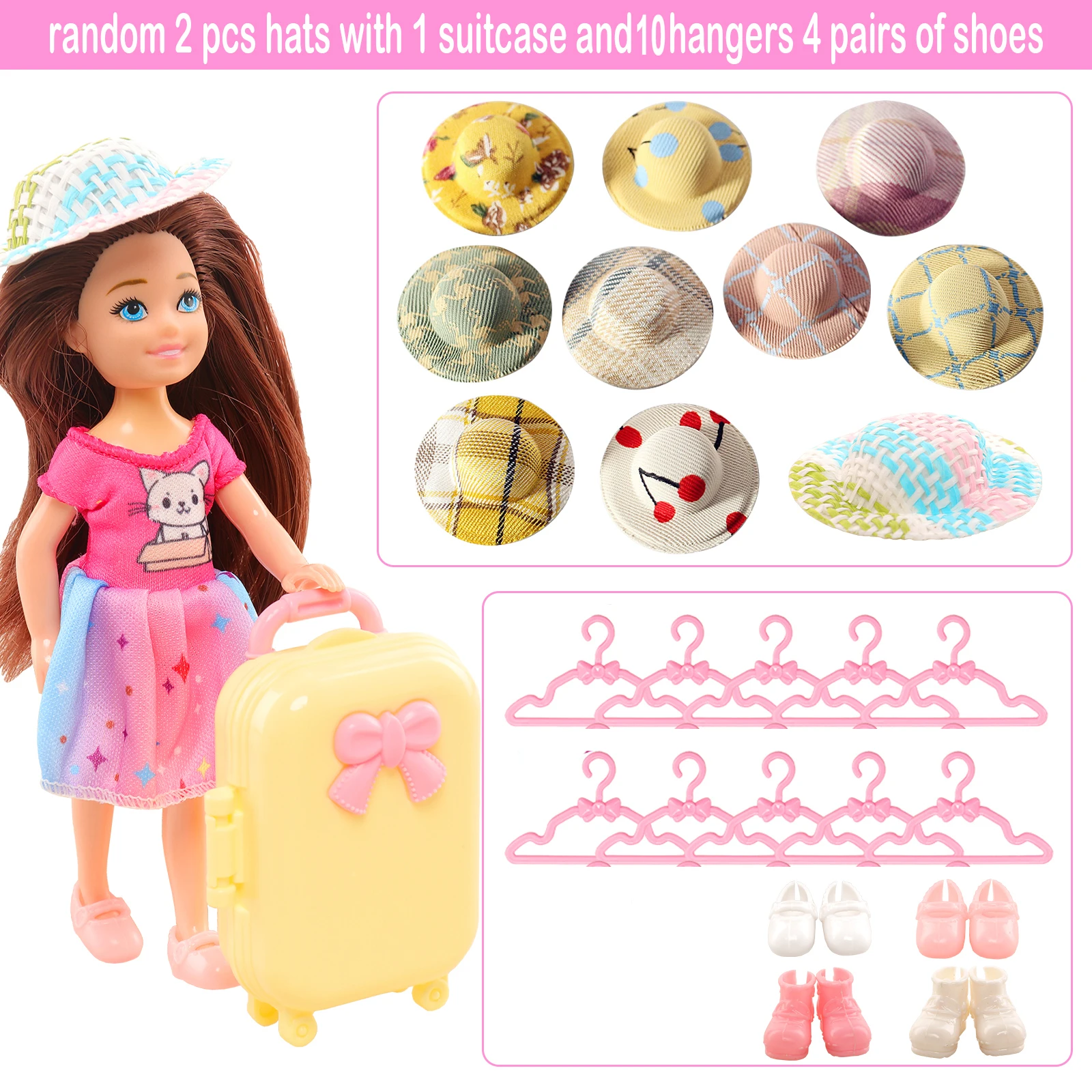 23 Pcs 5.4 Inch Doll For Barbie Chelsea Doll Clothes and Accessories=1 Luggage 3 Dress 3 Tops and Pants 2 Hats 10 Hanger+4 Shoes