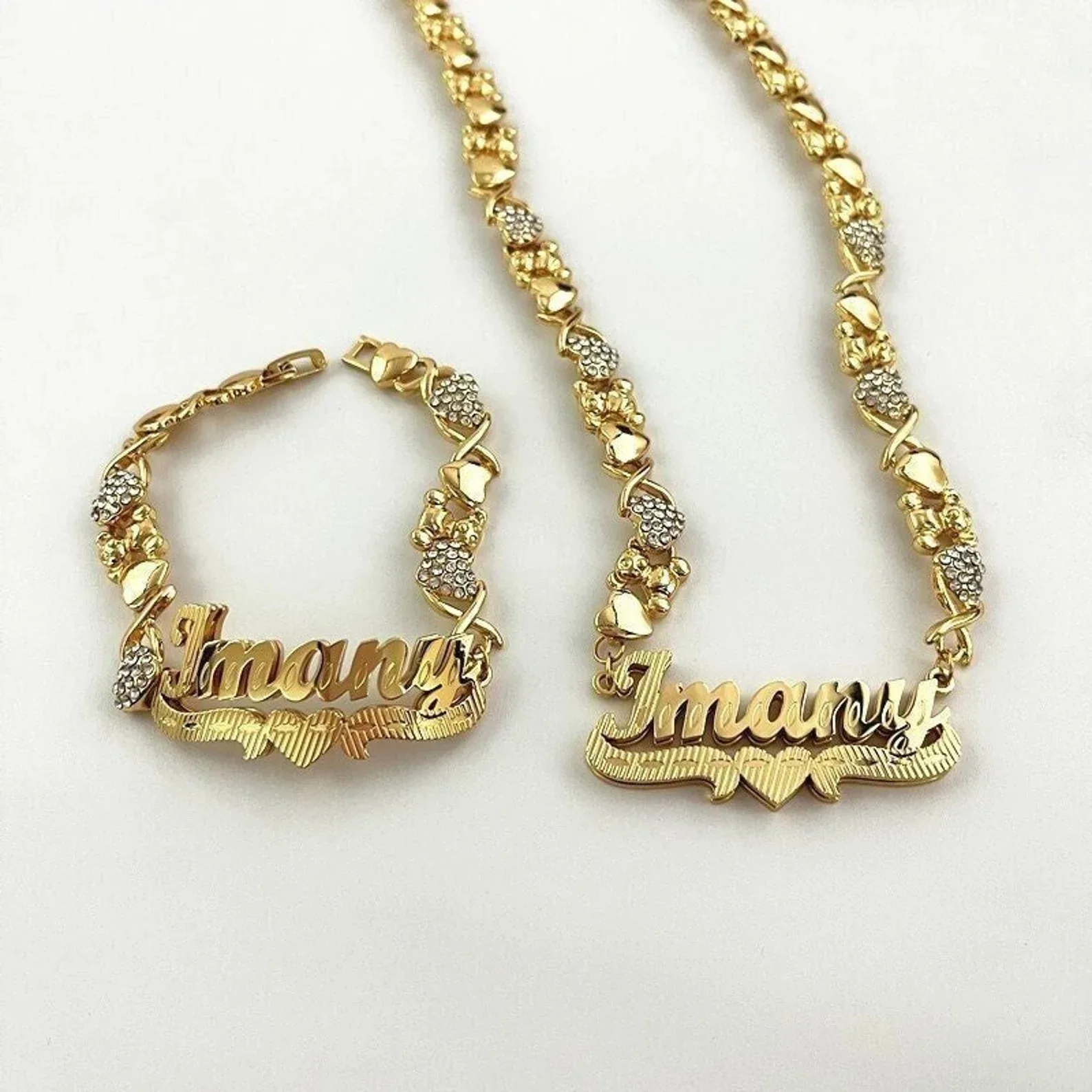 

Custom Teddy Bear Chain Necklace Bracelet Set Name XO Necklace Nameplate Bracelet Double Plated Name Bracelet Personalized Gifts