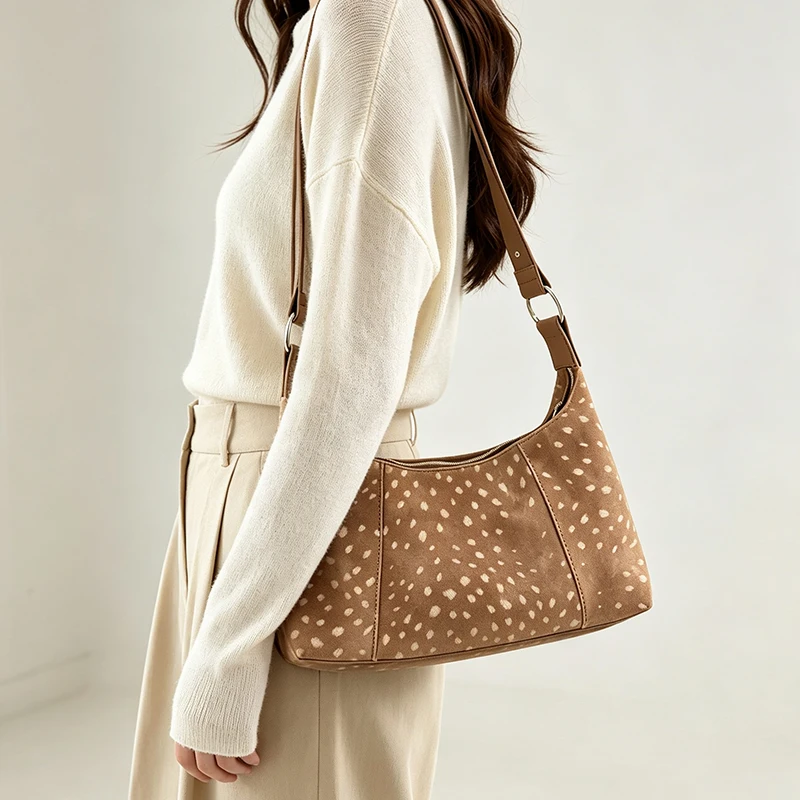 Deer Spots Schultertasche aus Kunstwildleder, Vintage-Handtasche für Damen, ideal für den Alltag im Herbst und Winter, große Kapazität, weich, lässig, mit Reißverschluss. – Detail 12