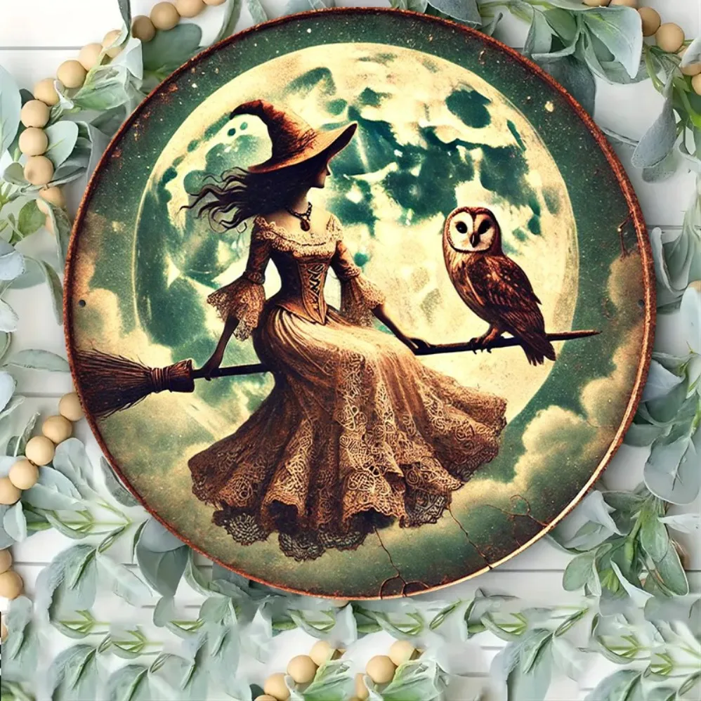 Rundes Vintage-Metallschild mit Hexe und Eule – Wandkunst aus Eisen mit englischem Text |   Mehrzweck-Hängeschild für Zuhause,