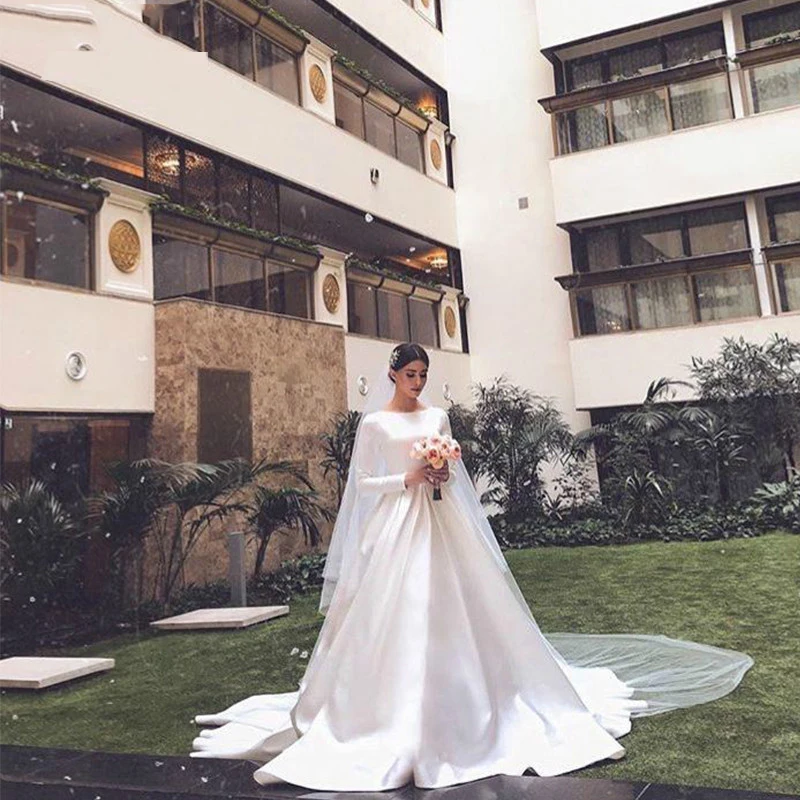 Vestidos de novia personalizados simples vintage branco cetim vestido de casamento mangas compridas princesa vestido de noiva personalizado robe mariée