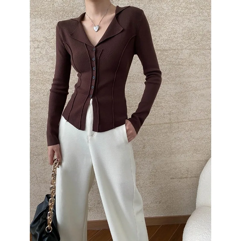 V-shaped Lapel Slim Fit Knit Cardigan Cut Double Seam Slimming Sweater