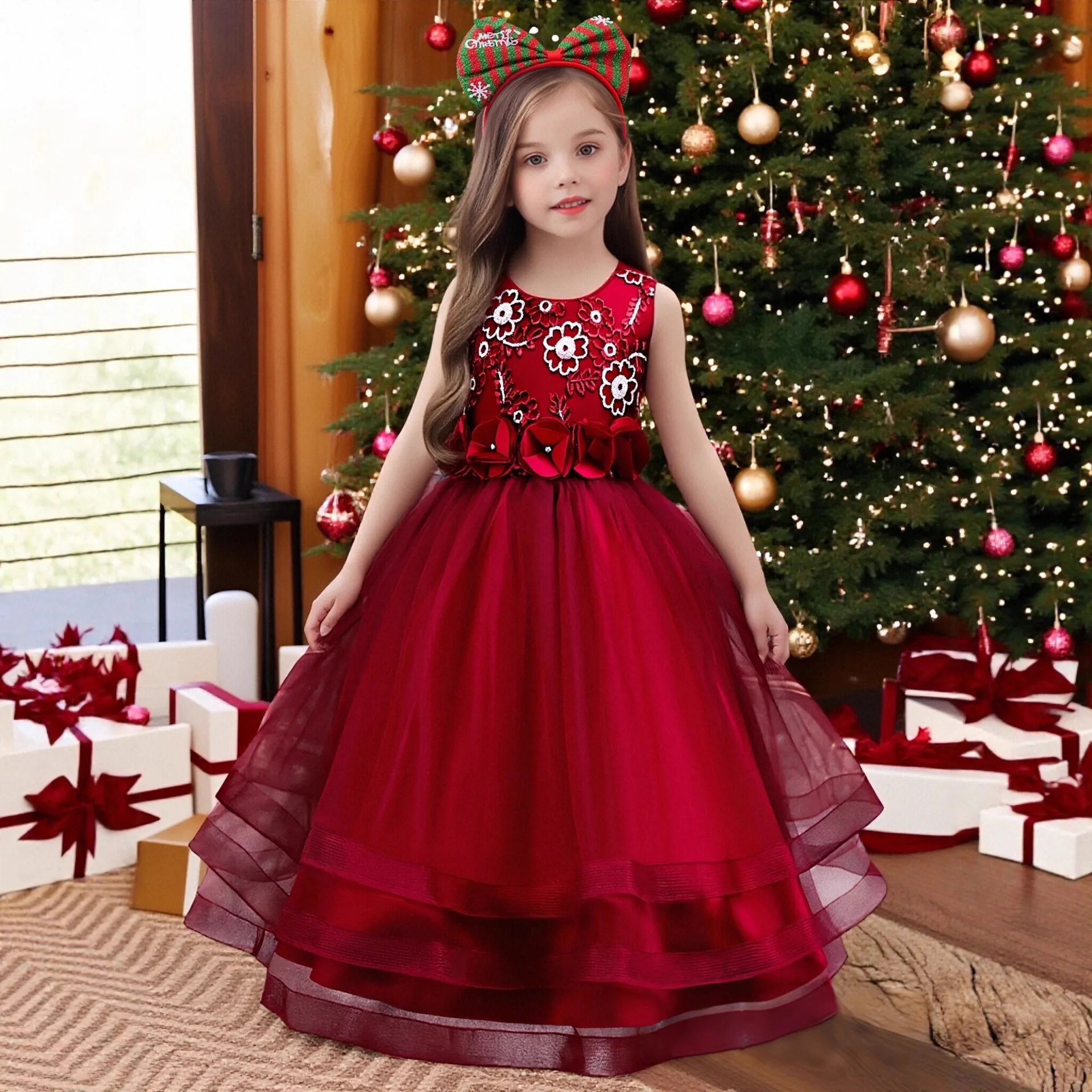 

Elegant Kids Girls Flower Sequins Tulle Long Dress For Teens Performance Wedding Birthday Party Pageant Prom Christmas Maxi Gown
