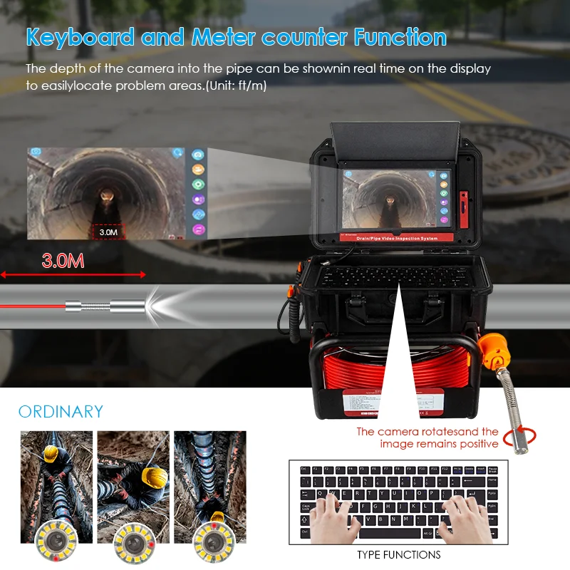 10.1''Touch Screen Monitor,16GB,DVR Sewer Camera With 512Hz Locator,7mm Cable Self Leveling Drain Cameras With Distance Counter,