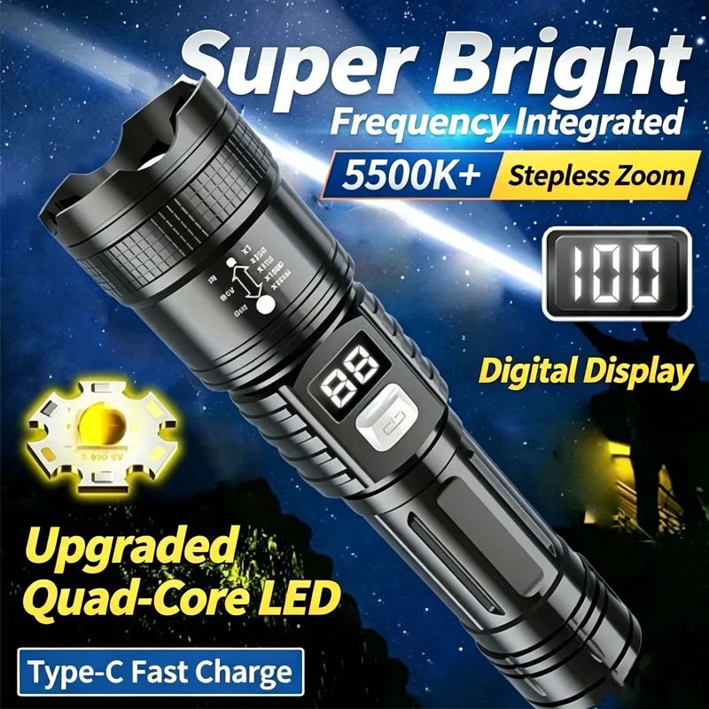 Zoomable Tactical Laser FlashlightHigh Brightness Long Distance BeamDigital Power DisplayDurable Hand Torch for Outdoor Camping