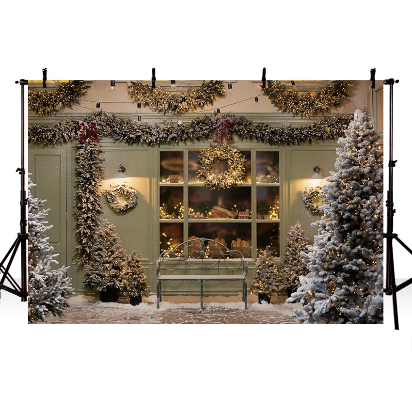 Christmas Photographic Backdrop Solider Doll Shop Cupboard Hot Cocoa Family Festival Background Red Curtain Window Photo Studio