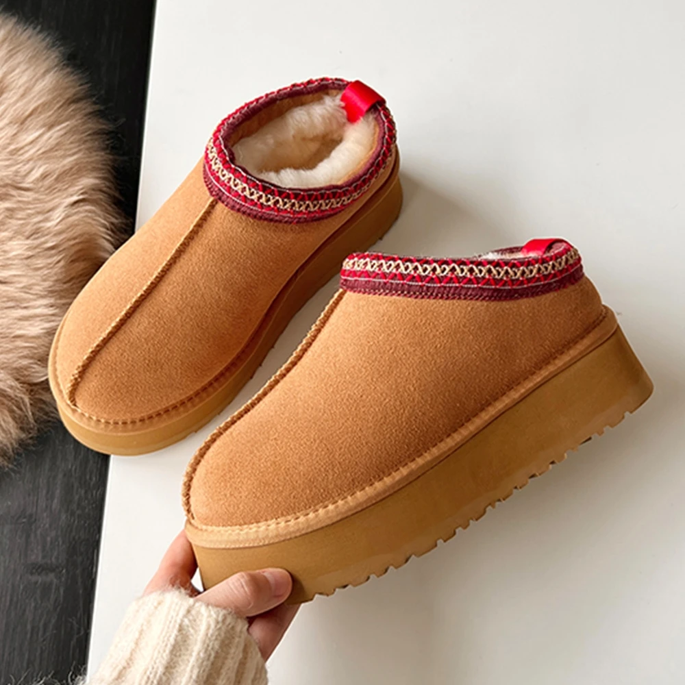 KZZO New Arrive Women Ultra Mini Platform Snow Boots Cow Suede Leather Natural Wool Fur Lined Ankle Winter Warm Shoes Maroon