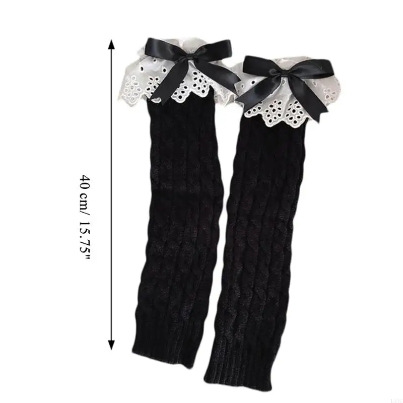 L5YC Women Twist Knit Boot Cuff Foot Cover Ruffled Lace Bowknot Leg Warmers