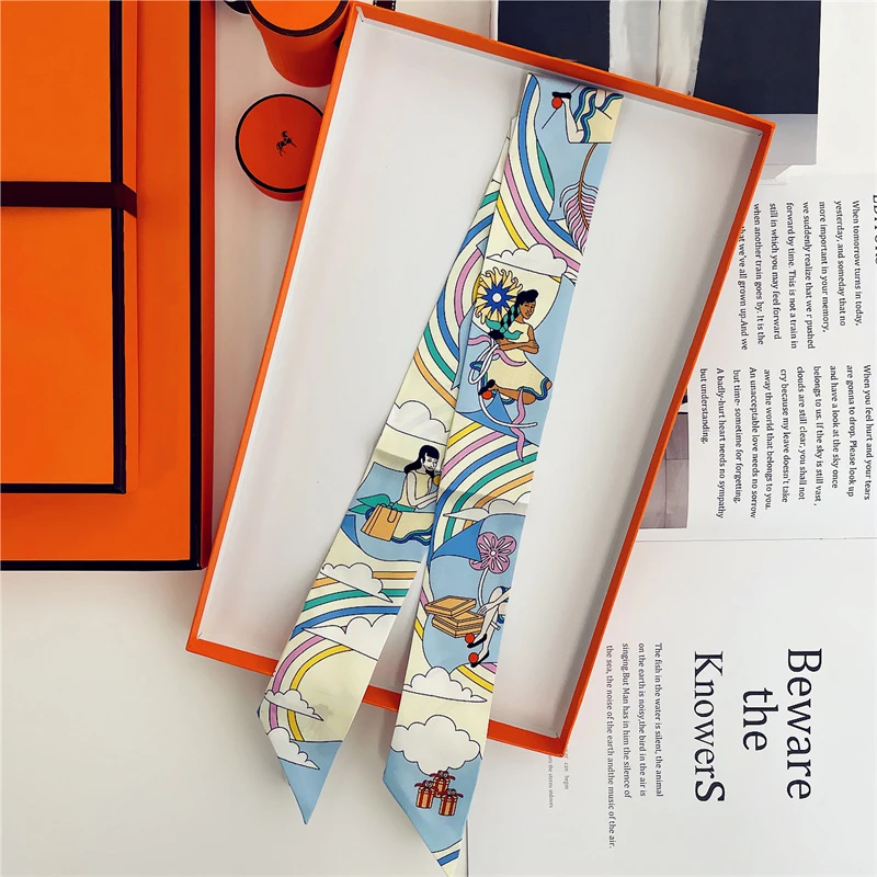 Women 100% Mulberry Silk Scarf for Hair Band Wrap Bag Handle Ribbon Scarf Luxery Kerchief Lady Hair Strip Neck Scarves