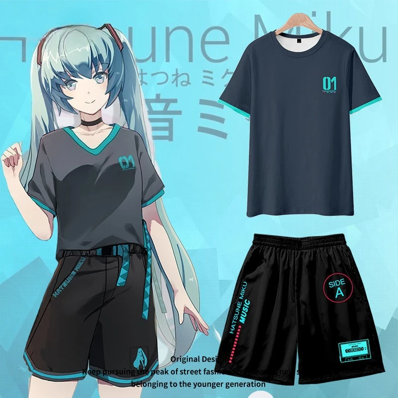 

New Hatsune Miku Kawaii Creative Anime Peripheral Miku Short Sleeve T-shirt Set Cute Cosplay Clothes Set Holiday Gift Wholesale