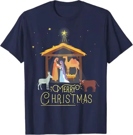 Merry Christmas - Nativity Scene North Star T-Shirt Baby Jesus Short Sleeve Saying Tee Manager Cartoon Illustration Graphic Top