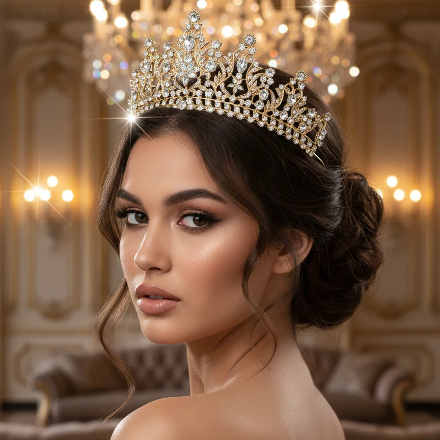 

Барочная корона принцессы со стразами, блестящая золотая хрустальная тиара для женщин, свадебные аксессуары для волос, головной убор для банкетов и вечеринок