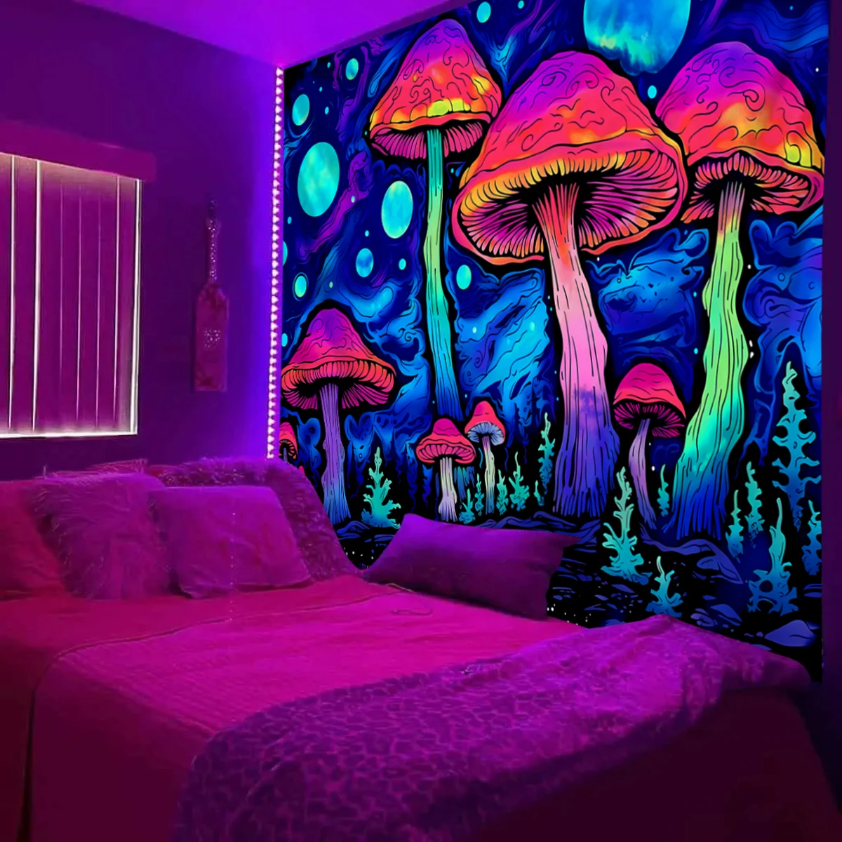 1 Stück fluoreszierender magischer Wandteppich, UV-reaktiver Schwarzlicht-Wandteppich, Fantasy-Wandteppich mit Sternenhimmel, Pflanzenwald, Schlafzimmerdekoration