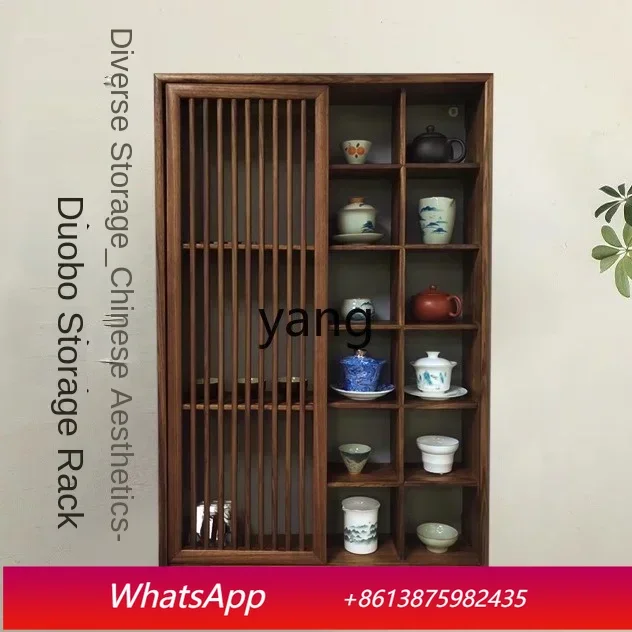 

LH new Chinese ebony Duobao Pavilion plaid tea cup ornament tea set rack hanging on the wall rack