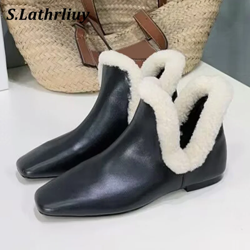 

Autumn Winter Deep Mouth Lazy Loafers Women's Flat Thick Bottom Fur Short Boots Genuine Leather Square Toe Casual Ankle Botas