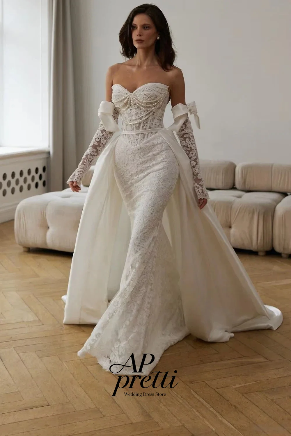 AP pretti Customized Romantic Beading Sweetheart Collar Wedding Dresses For Woman Lace Mermaid Detachable Train Bridal Gown