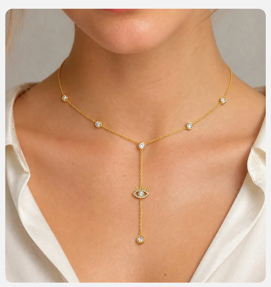 Vnox Trendige Kubische Zirkonia Böses Auge Halskette für Frauen, Vergoldet, Runde CZ Y-Form Lange Kette Anhänger Halskette, Alltagsschmuck – Detail 2