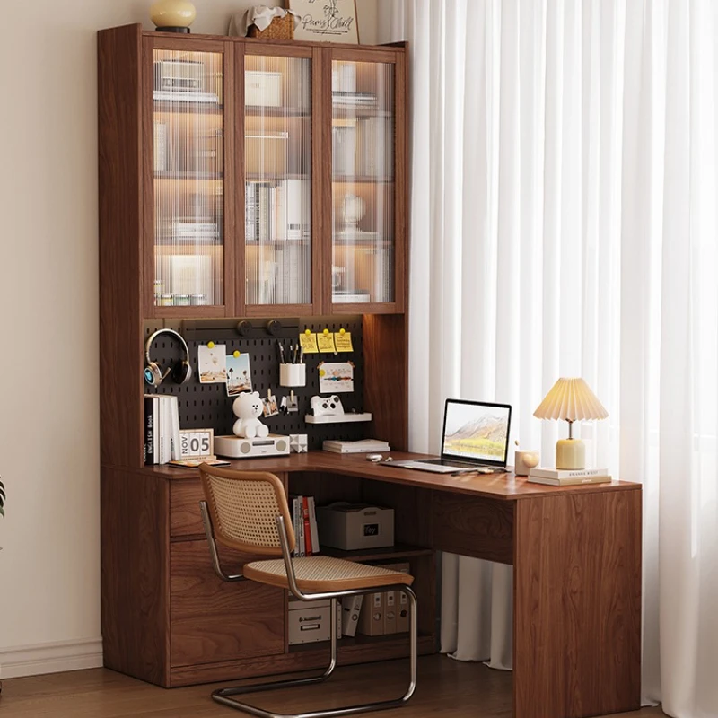 

Solid wood corner desk bookcase bookshelf combination integrated study table medium antique glass door computer desk L shape