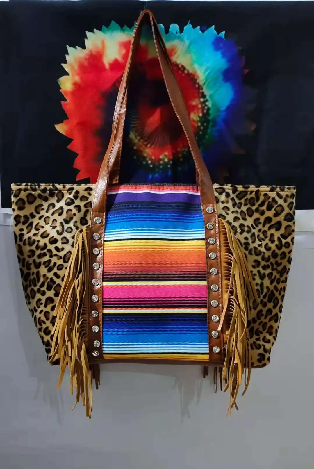 حقيبة نسائية مخططة عباد الشمس ليوبارد طباعة بقرة أسود أحمر متقلب أسود بني شرابة كتف واحد حقيبة يد نسائية ladie #3