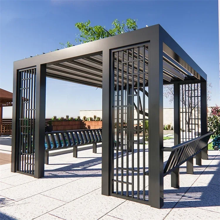 

Aluminum Folding Pergola Sun Shades Waterproof Flat Roof Metal Framed Pergola Deck Patio Pour Manual Control Metal Frame Pergola