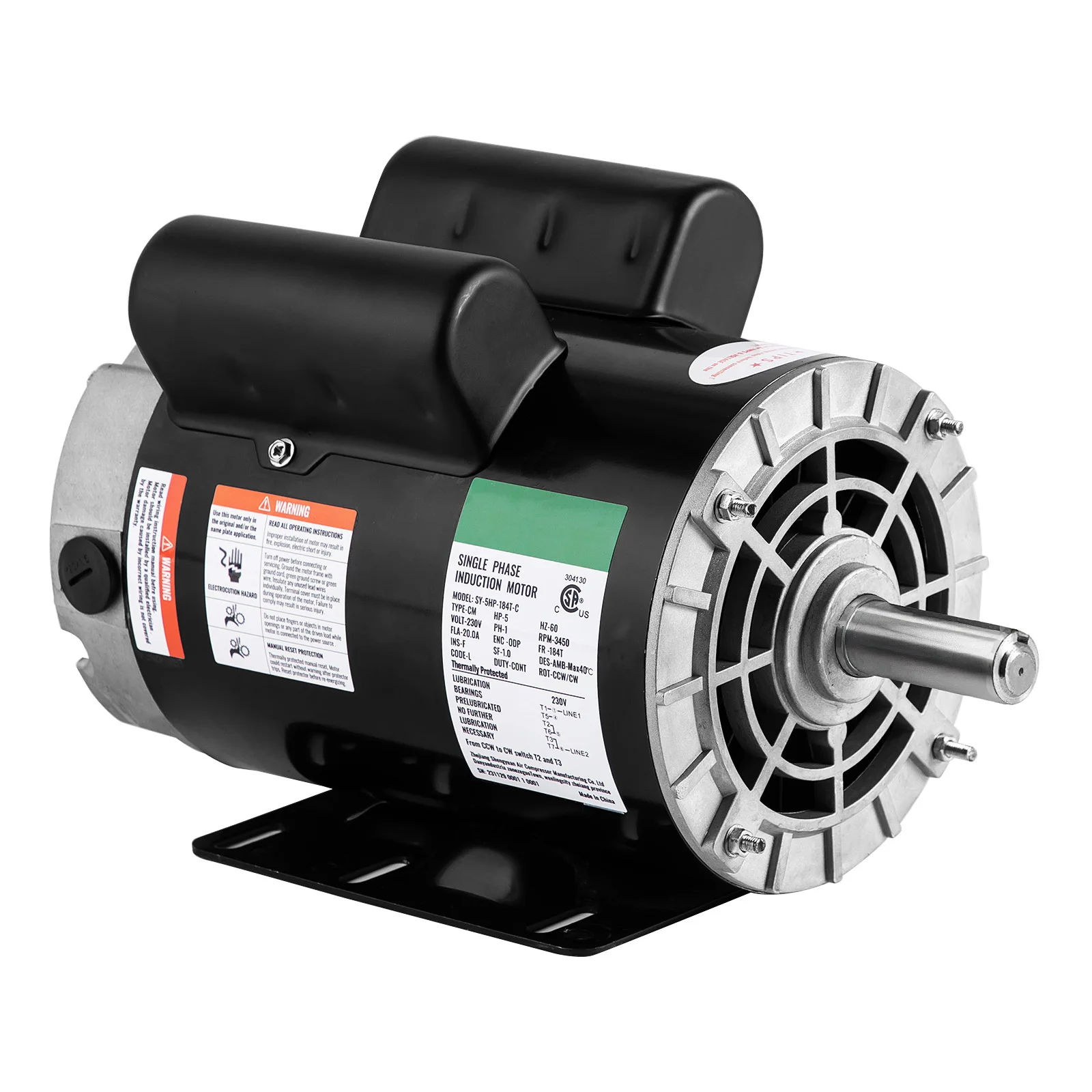 

5 HP Air Compressor Motor - 3450 RPM, 56 Frame Electric Motor, 230V, 2.25" Shaft Length, 7/8" Keyed Shaft, Dual CW/CCW Rotation