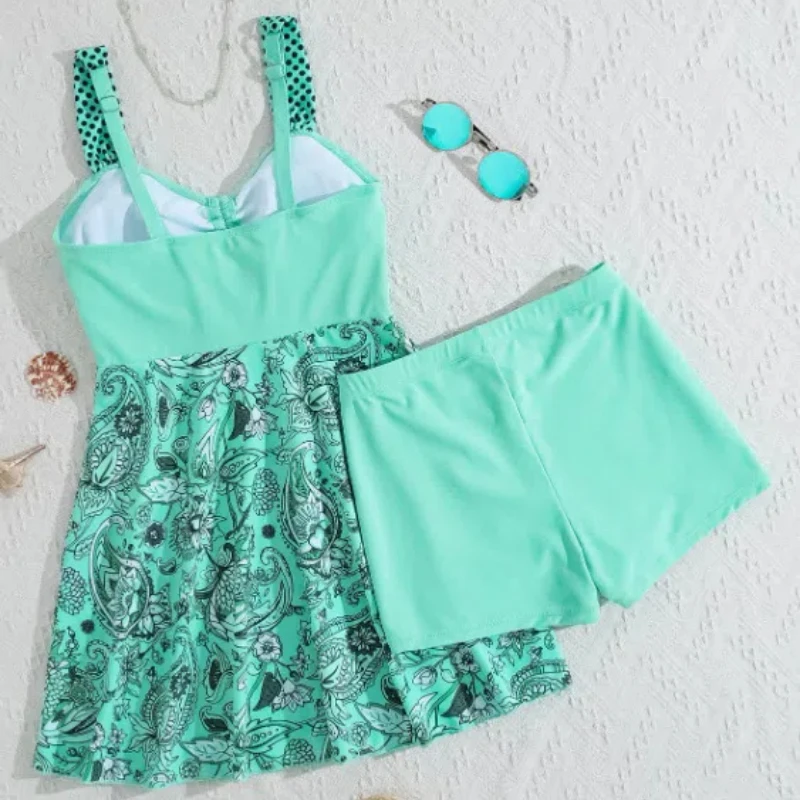 2025 Women's Modest Swim Dress Bikini Set Sexy Blue Floral Two-Piece Swimwear with Skirt Cover Summer Beach Swim Outfits Holiday