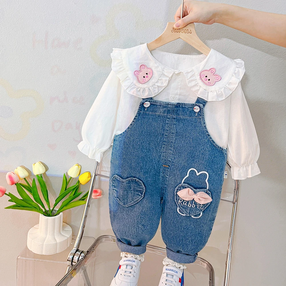 2023 Spring Baby Girls Clothing Sets Toddler Kids Lace Bow Shirt Overalls 2 Pcs Suit Children Sportswear Infant Casual Outfits