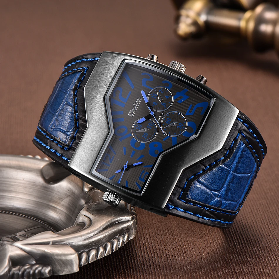 Oulm 1220  Men's Two Time Zone Big Size Quartz Clock Unique Design Watches Male Sport Watch Leather Strap Wristwatch