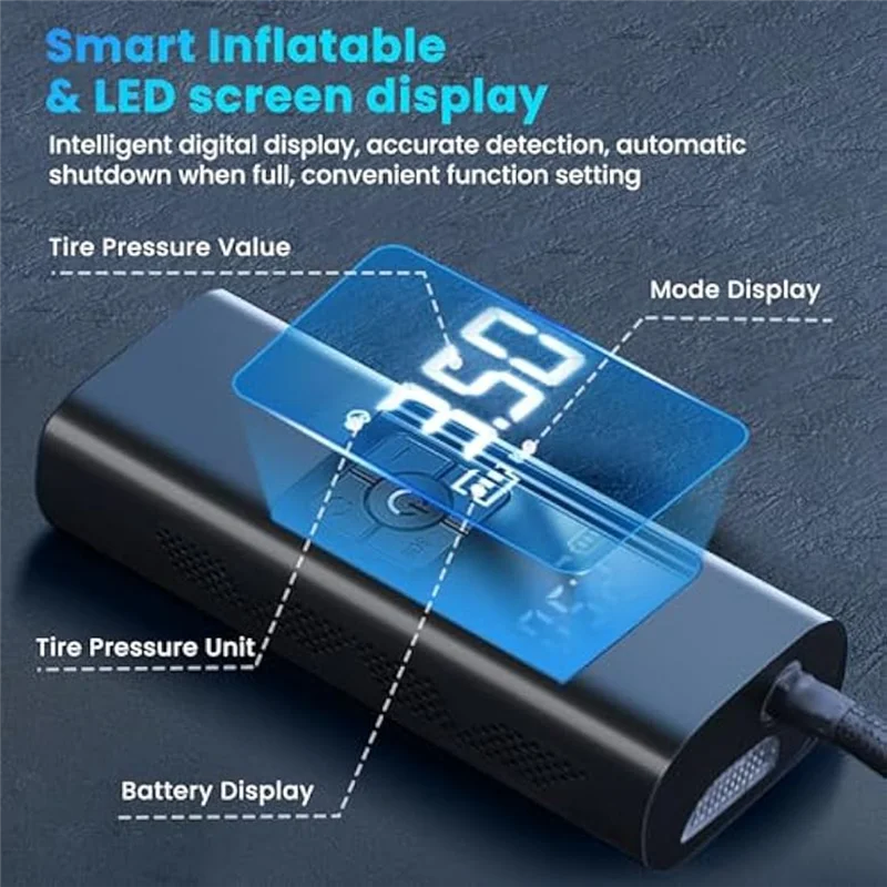 

Портативный воздушный компрессор для накачивания шин, беспроводной портативный воздушный насос 150PSI для автомобильных шин, ЖК-дисплей, портативный насос для накачивания шин, прочный