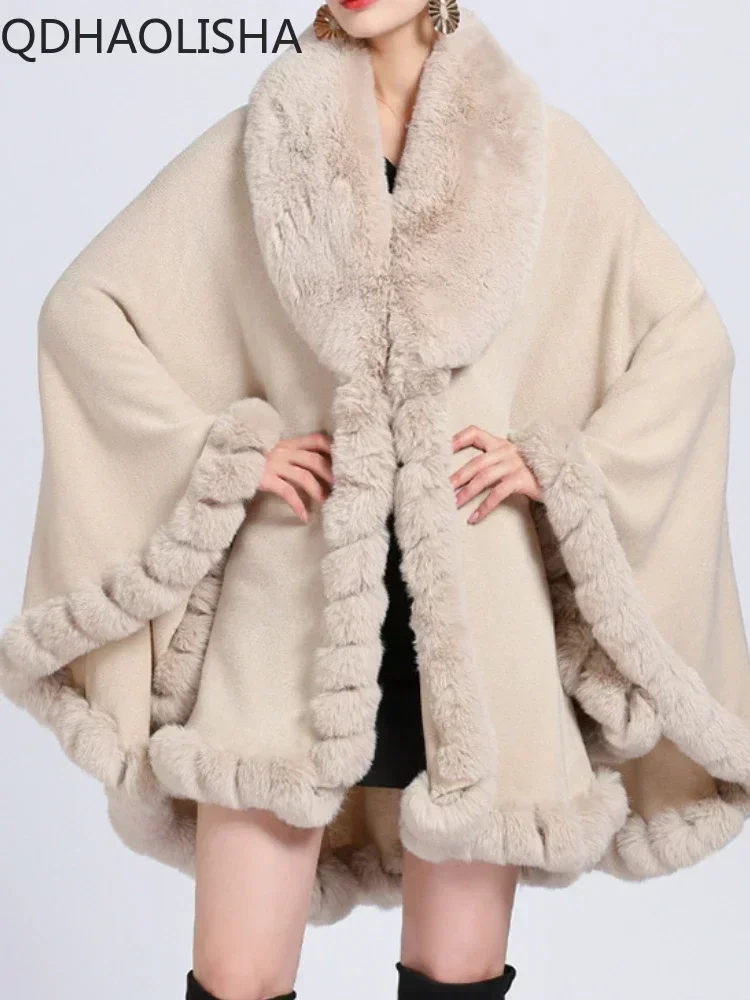 Women Fur Ponchos Coat Cardigan Elegant Casual Fur Collar Shawl Cloak Woolen Coat Oversize Batwing Sleeve Tassel Korean Fashion