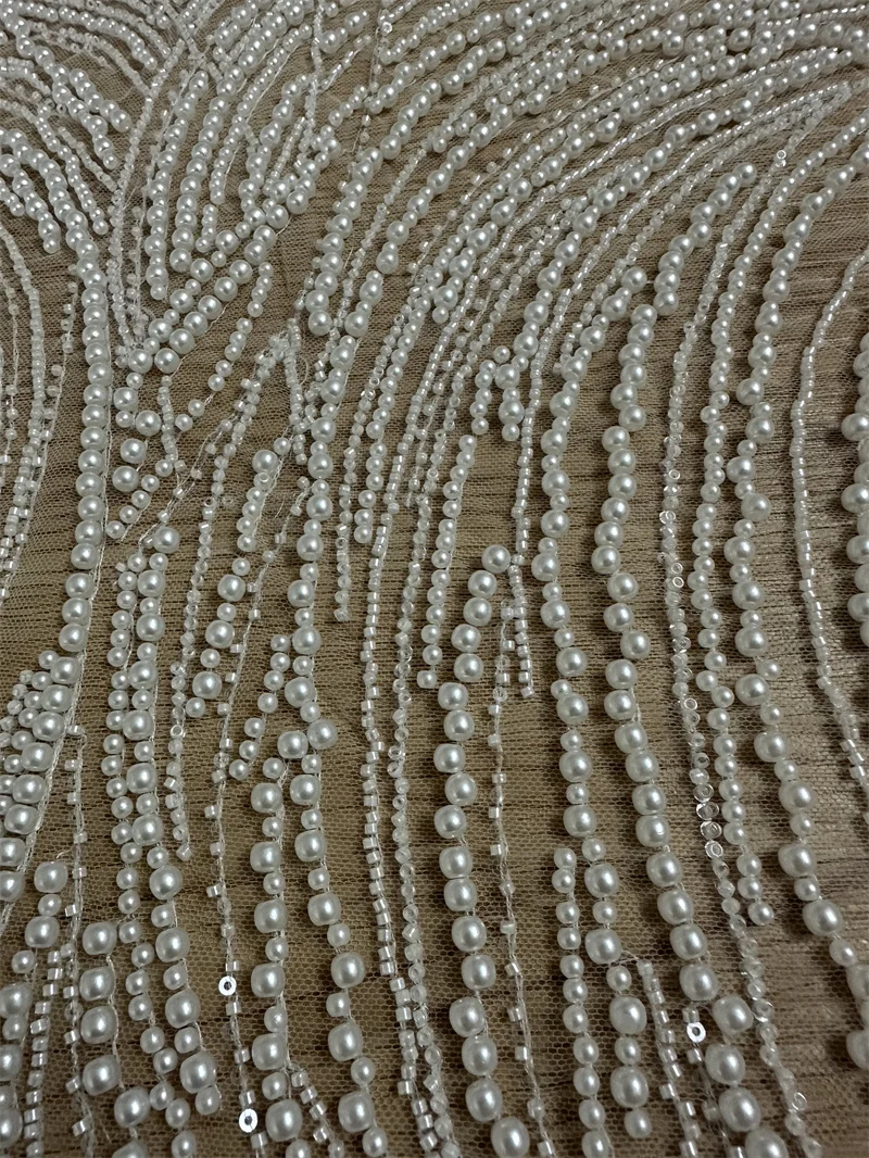 High End Unique Heavy Rich Pearls Beads Off White Wedding Gown Dress Lace Fabric Sell By 1 Yard