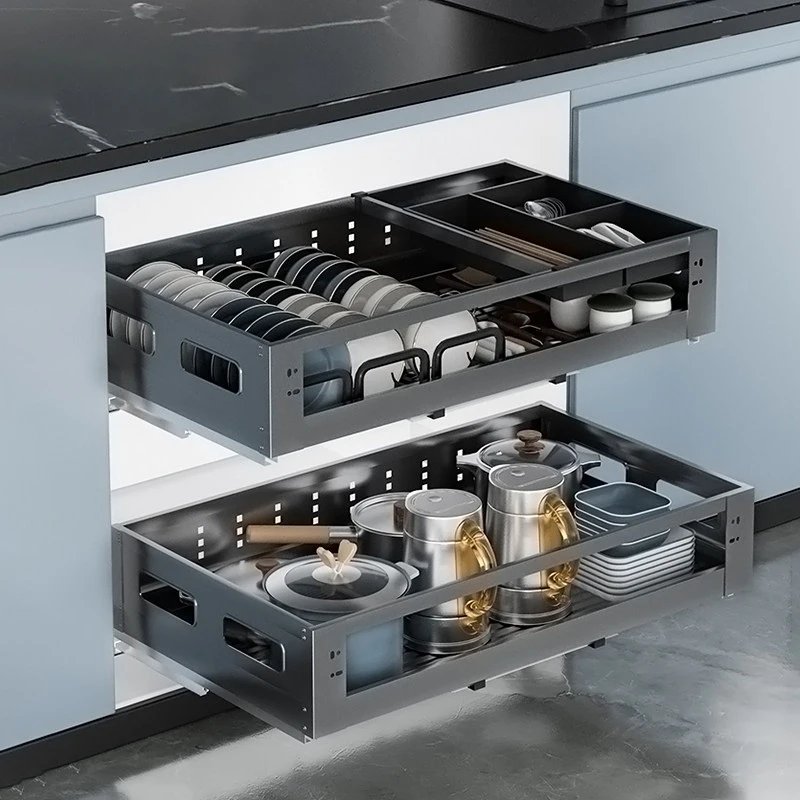 Premium Rustproof 304 Stainless Steel Double Drawer Slide Out Under Sink Cabinet Organizer Rack For Bowls Plates And Utensils