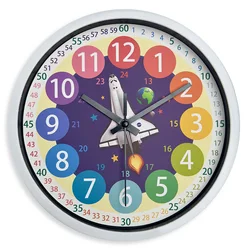 1pc blue cartoon style Spaceship wall clock, Color teaching clock, Quiet non-ticking learning wall clock, Home decoration clock