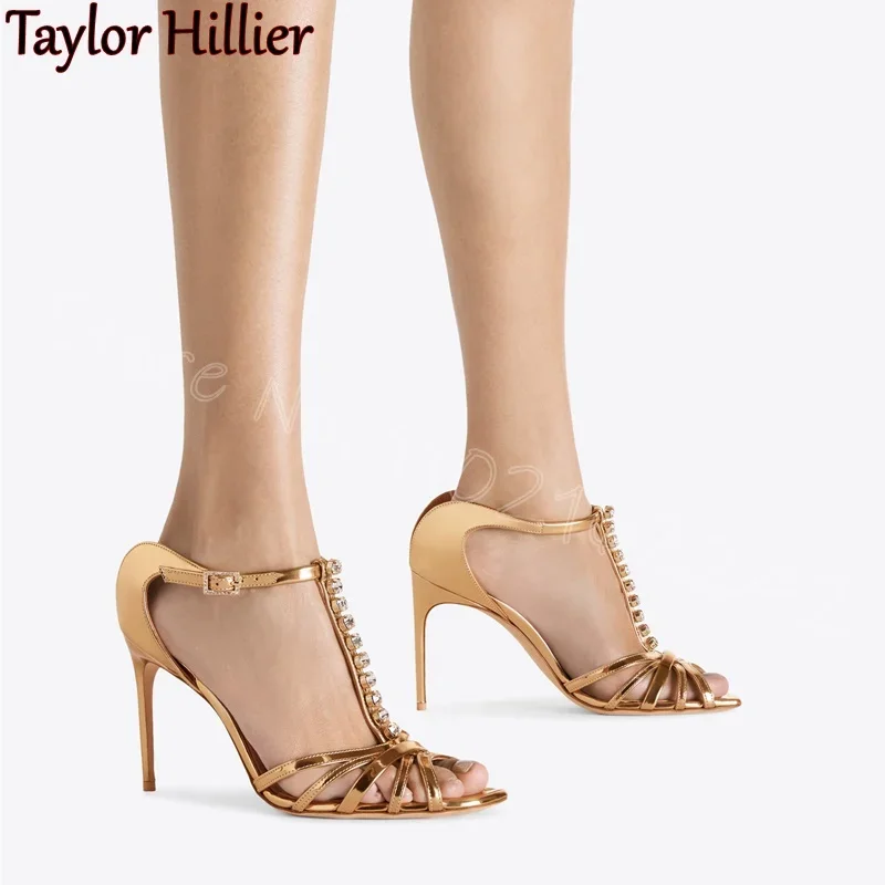 

Gold Rhinestone Open Toe High Heels Square Toe Stiletto Buckle Strap Luxury Sandals Womens Elegant Prom Wedding Evening Shoes 43