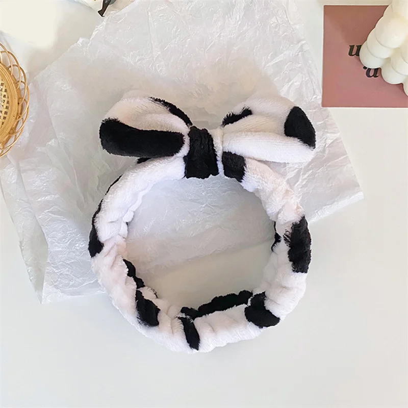 Plush Wash Face Headband Cow Print Spa Wristband Cuffs Women Girls Face Makeup