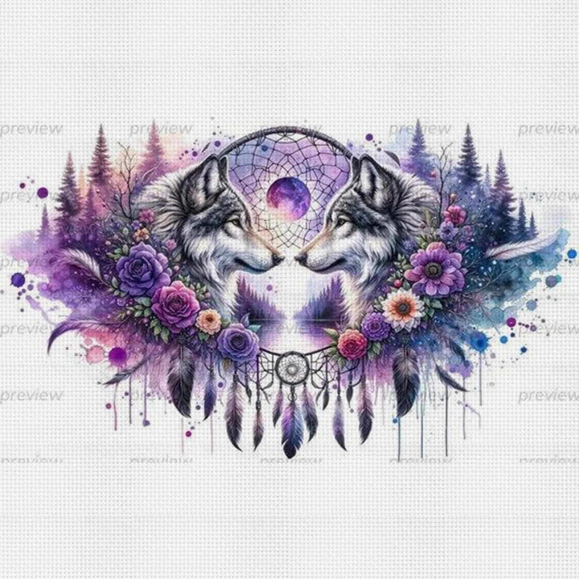 Kreuzstich-Set „Wolf & Traumfänger“, DIY, 11CT, Stickerei, Heimwanddekoration, Geschenk, handgefertigtes Material, rahmenlos, halbfertig, 36 x 36 cm
