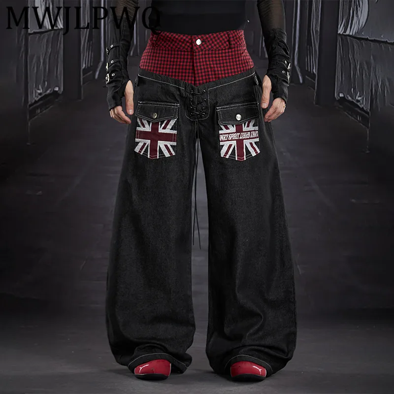 

MWJLPWQ Мужские свободные прямые джинсы с талией в стиле пэчворк и клетчатым принтом, повседневные брюки унисекс High Street Niched 12837
