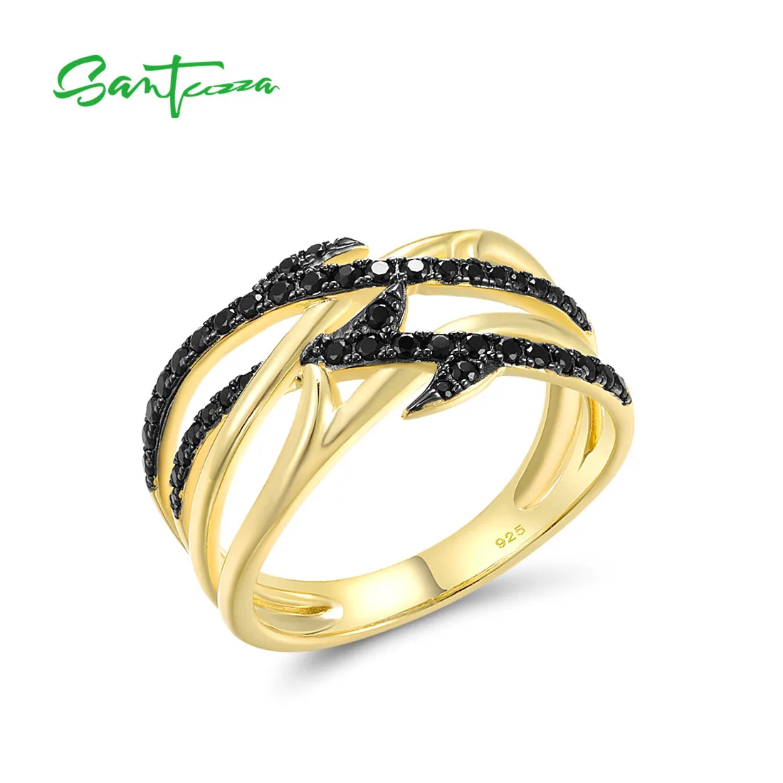 

SANTUZZA Authentic 925 Silver Rings For Women Sterling Silver Black Spinel Yellow Plated Unique Elegant Handmade Fine Jewelry