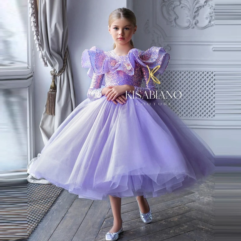 

Puffy Lavender Mesh Pageant Dresses Sweet Sequined A Line Tulle Flower Girl Dress Pretty Ruffles Brithday Party Gowns