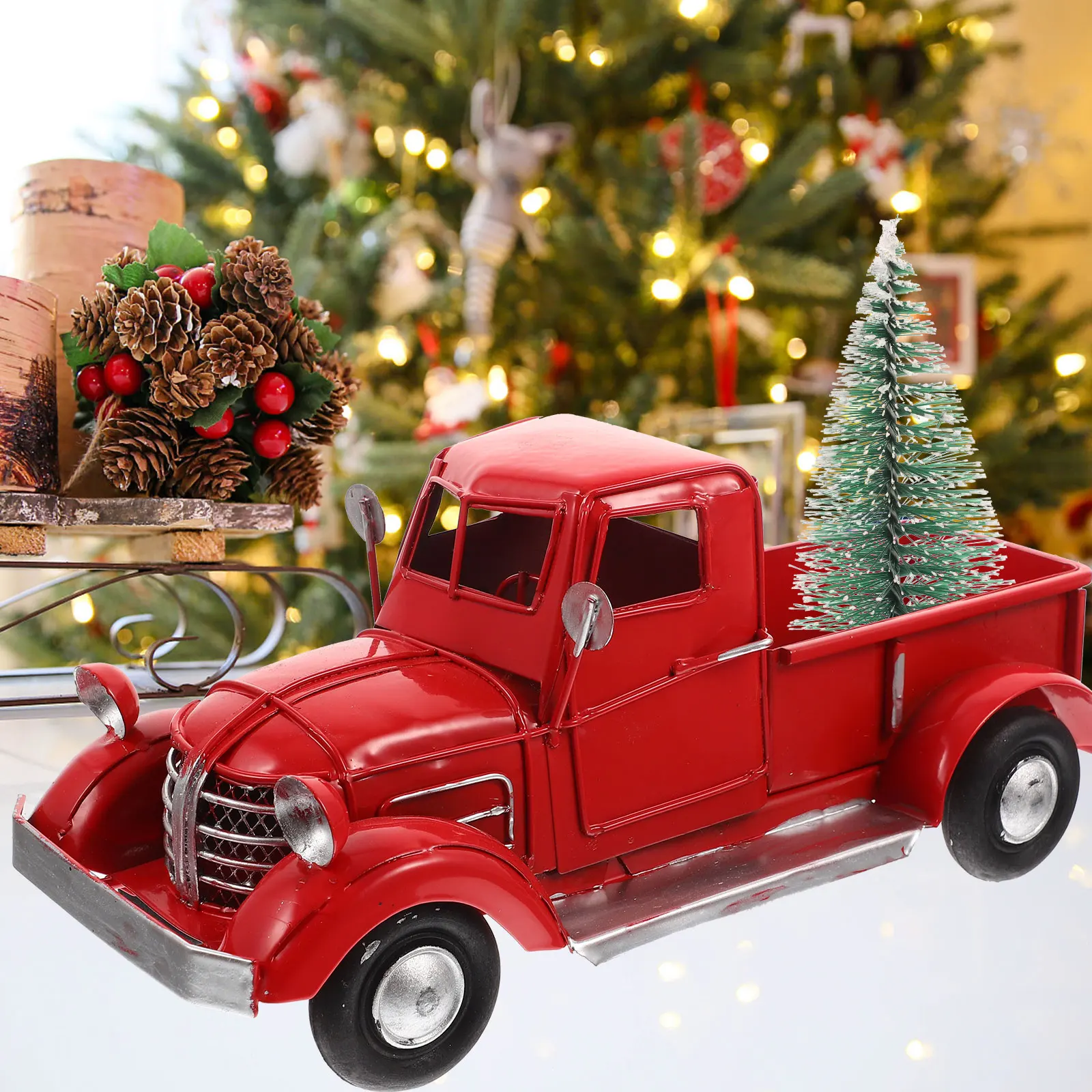 

Xmas Iron Red Truck Decoration Xmas Tree Table Ornament Christmas Desktop Gift Christmas Metal Truck Table Festival Adornments