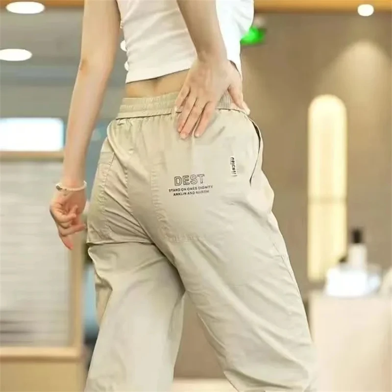 Summer Thin Ice Silk Casual Sports Pants for Men Loose Fit Harlan Nine Points Casual Trousers Straight Leg Elastic Waist