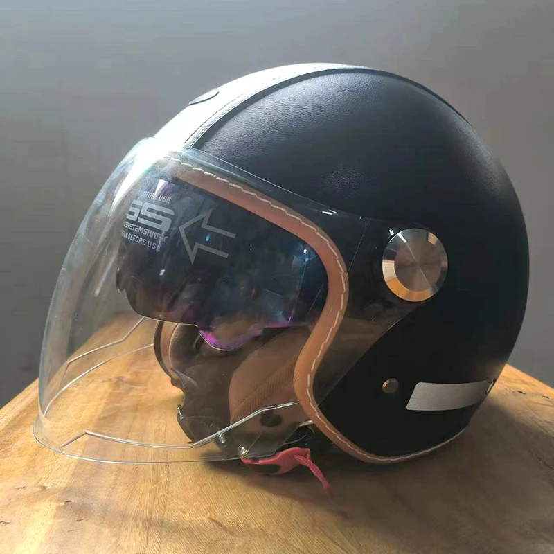 خوذة سوداء من الجلد الصناعي للجنسين 3/4 خوذة دراجة نارية للرجال والنساء بواقي مزدوج وبطانة قابلة للإزالة لكامل الوجه #3