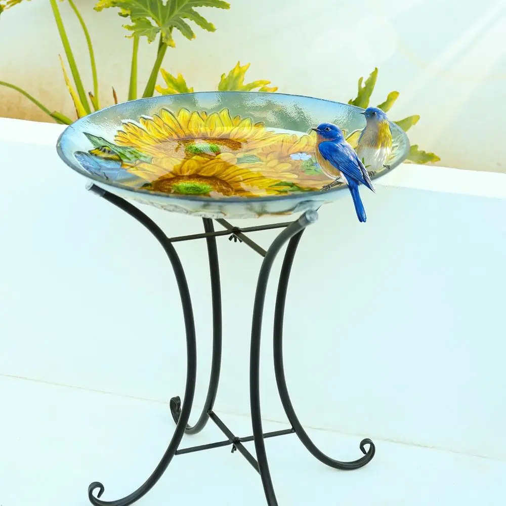 Outdoor Glass Birdbath with Metal Stand | 18 inch Diameter 21.65 inch Height Bird Bath Lawn Yard Garden Decoration, Large Birdba