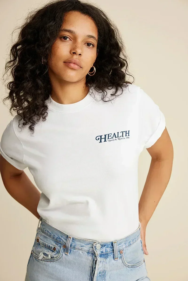 Early Spring New North American Niche Sporty&Rich Letter-LEALth Printed Cotton Women's Short-sleeved T-shirt