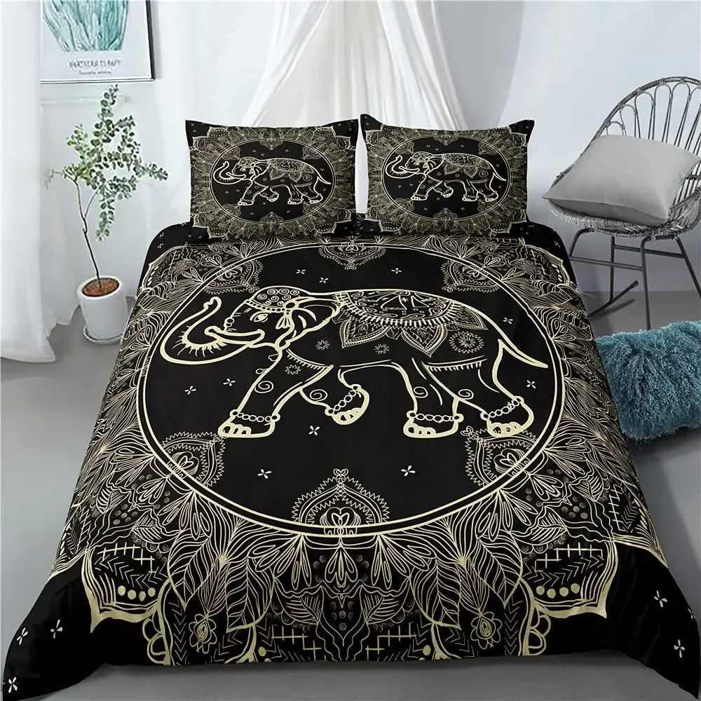 Duvet Cover Bohemian Cute Elephant Mandala Bedding Black Golden Boho Room Decorative Quilt Cover Luxurious Style for Women Gift