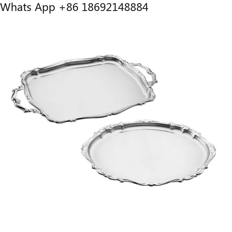 Vintage Embossed Stainless Steel Tray Silver Decorative Plate for Dessert Jewelry Coaster Table Serving