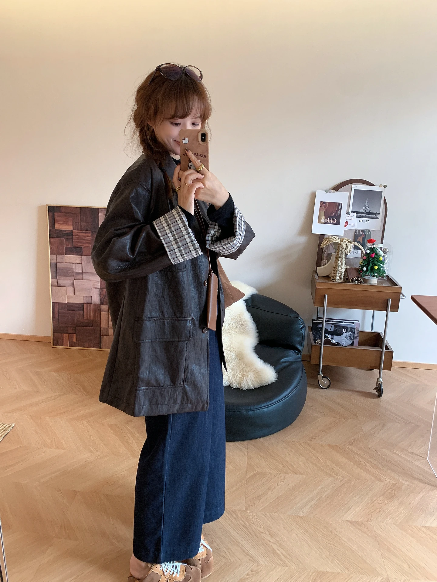 Cappotto Lungo da Donna in Pelle PU con Motivo a Quadri Retrò Coreano di Alta Qualità, Nuova Collezione Autunno Inverno