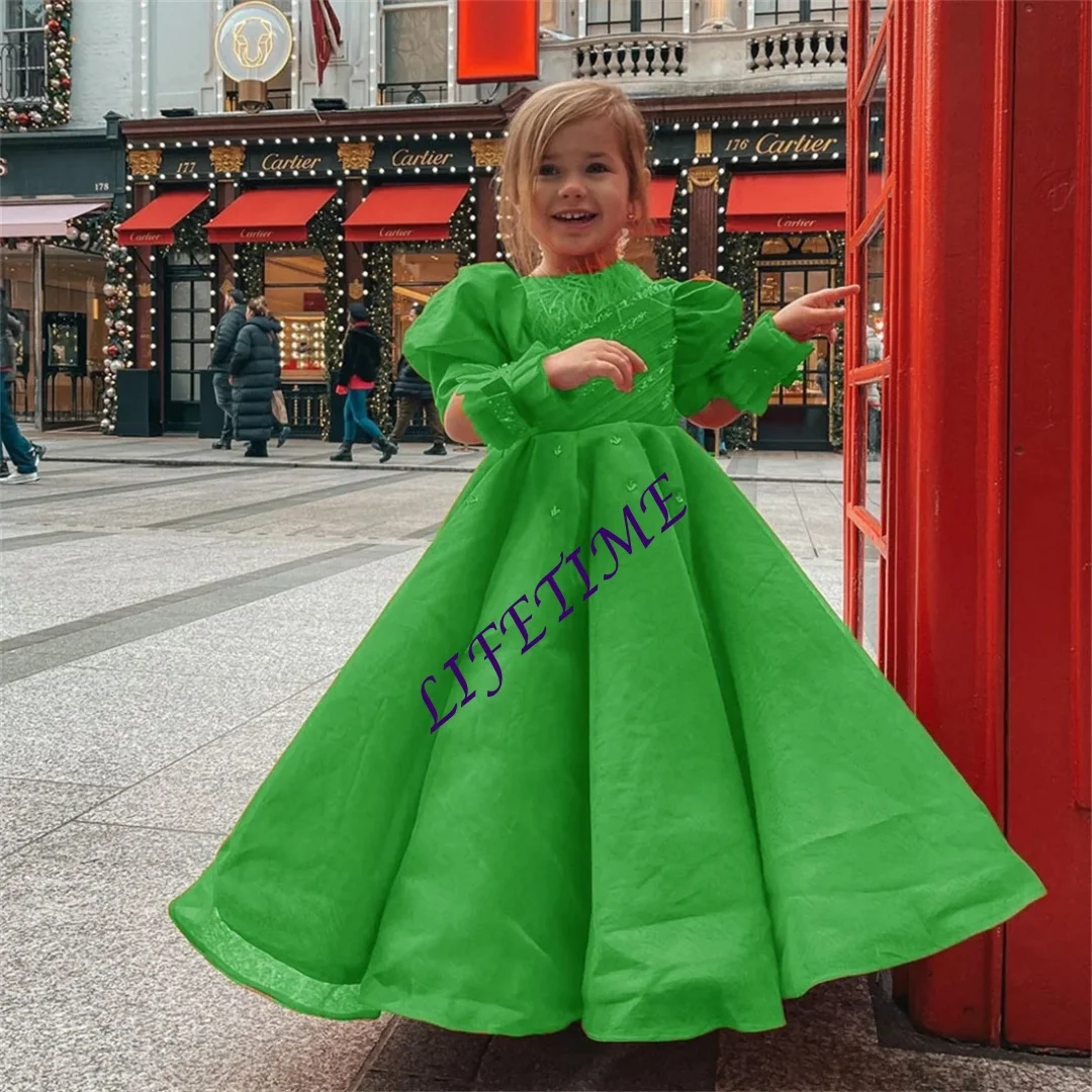 カスタマイズされた素敵な光沢のあるスパンコールフラワーガールドレス結婚式用ハイネック長袖パフフリル膝丈ドレス女の子誕生日