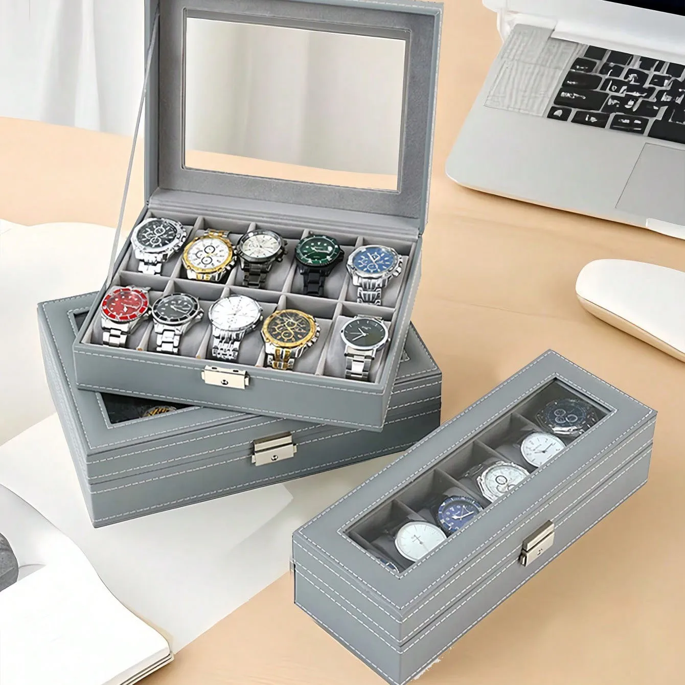 

Grey PU Leather skylight jewelry storage box ring accessory box home watch storage box watch collection box gift box